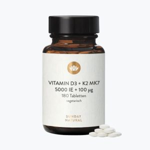 Вітамін D3 5000 МО + 100 мкг K2 MK7 | Sunday Natural VITAMIN D3 + K2 MK7all-trans 5.000IE + 100µg | 180 таблеток